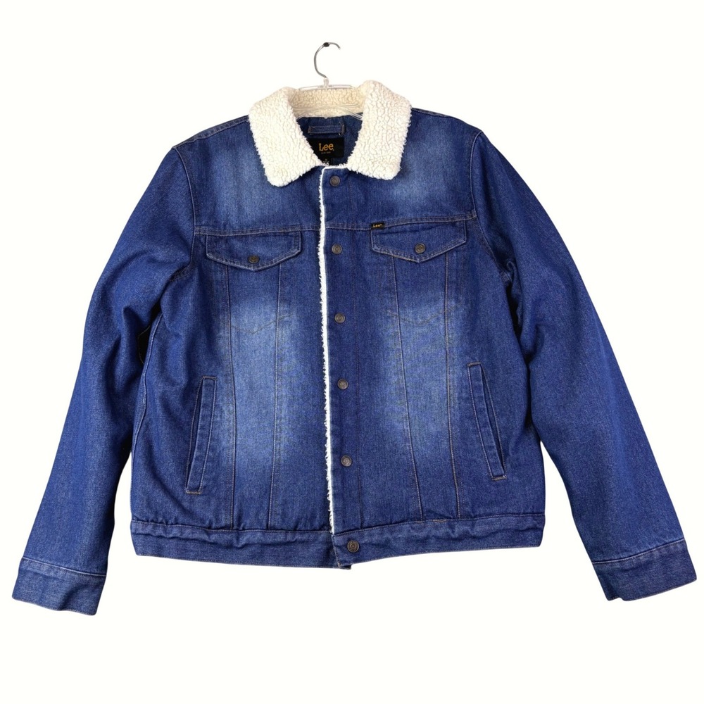 Lee Size M Blue Denim Sherpa Lined Trucker Jacket Fleece Collar Rugged Workwear
